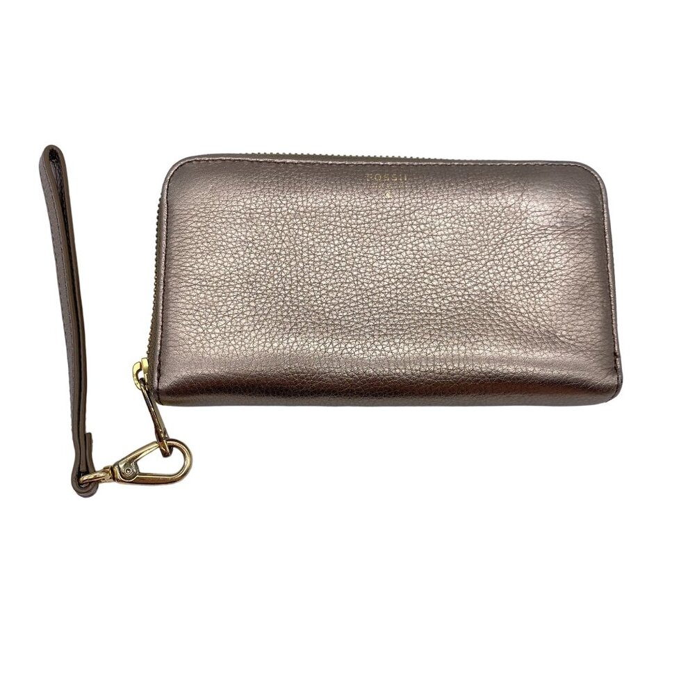 Fossil pebbled‎ leather rose gold zip around wallet wristlet